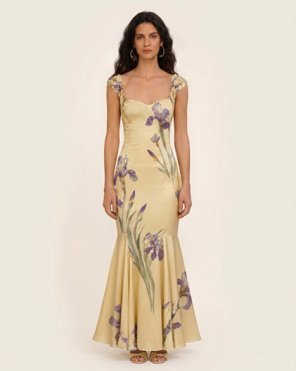 Iris Print Satin Mermaid Maxi Dress - Soft Yellow | JW PEI