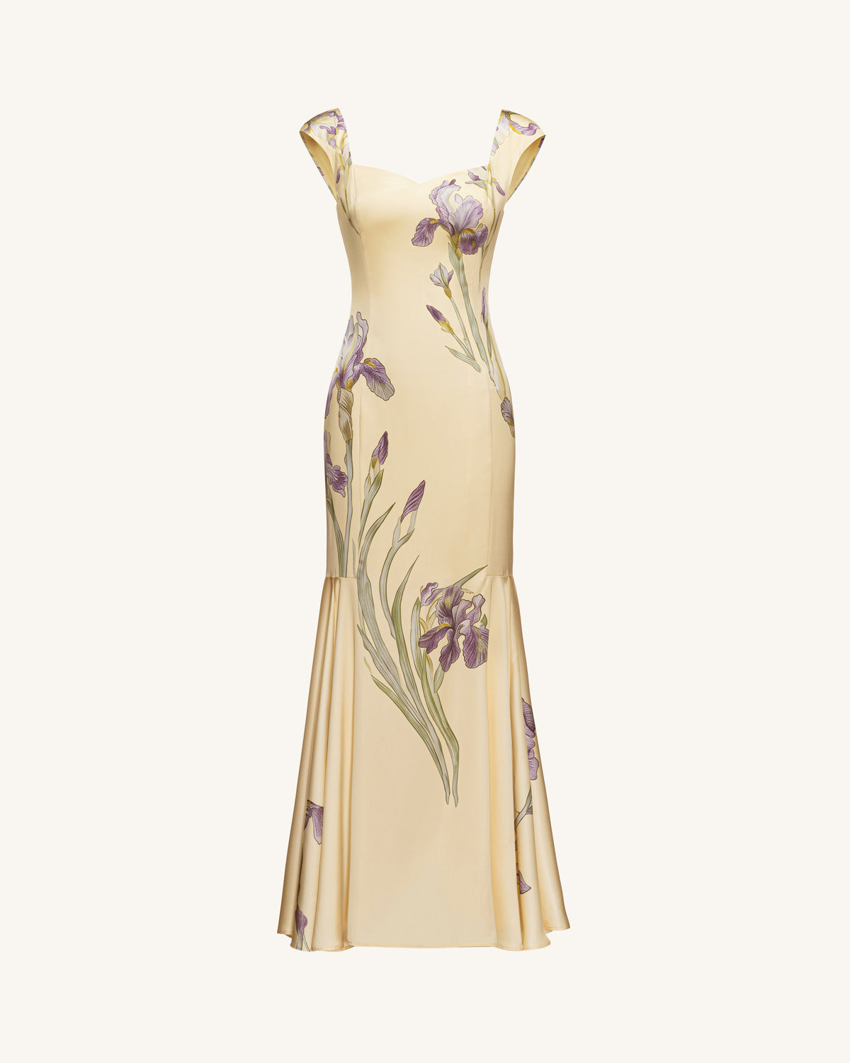 Iris Print Satin Mermaid Maxi Dress - Soft Yellow | JW PEI