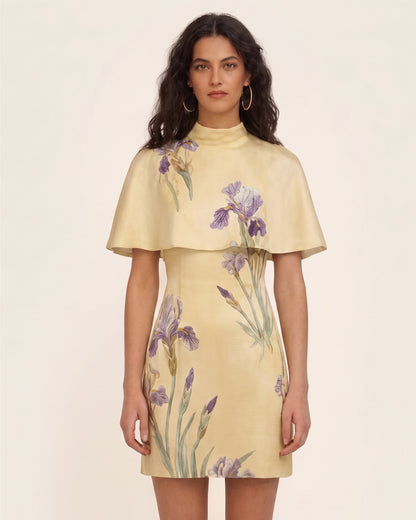 Iris Print Cape Overlay Mini Dress - Soft Yellow | JW PEI