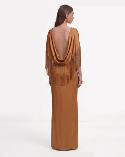Fringe Cape Satin Maxi Dress - Caramel Brown | JW PEI