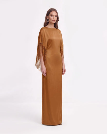 Fringe Cape Satin Maxi Dress - Caramel Brown | JW PEI