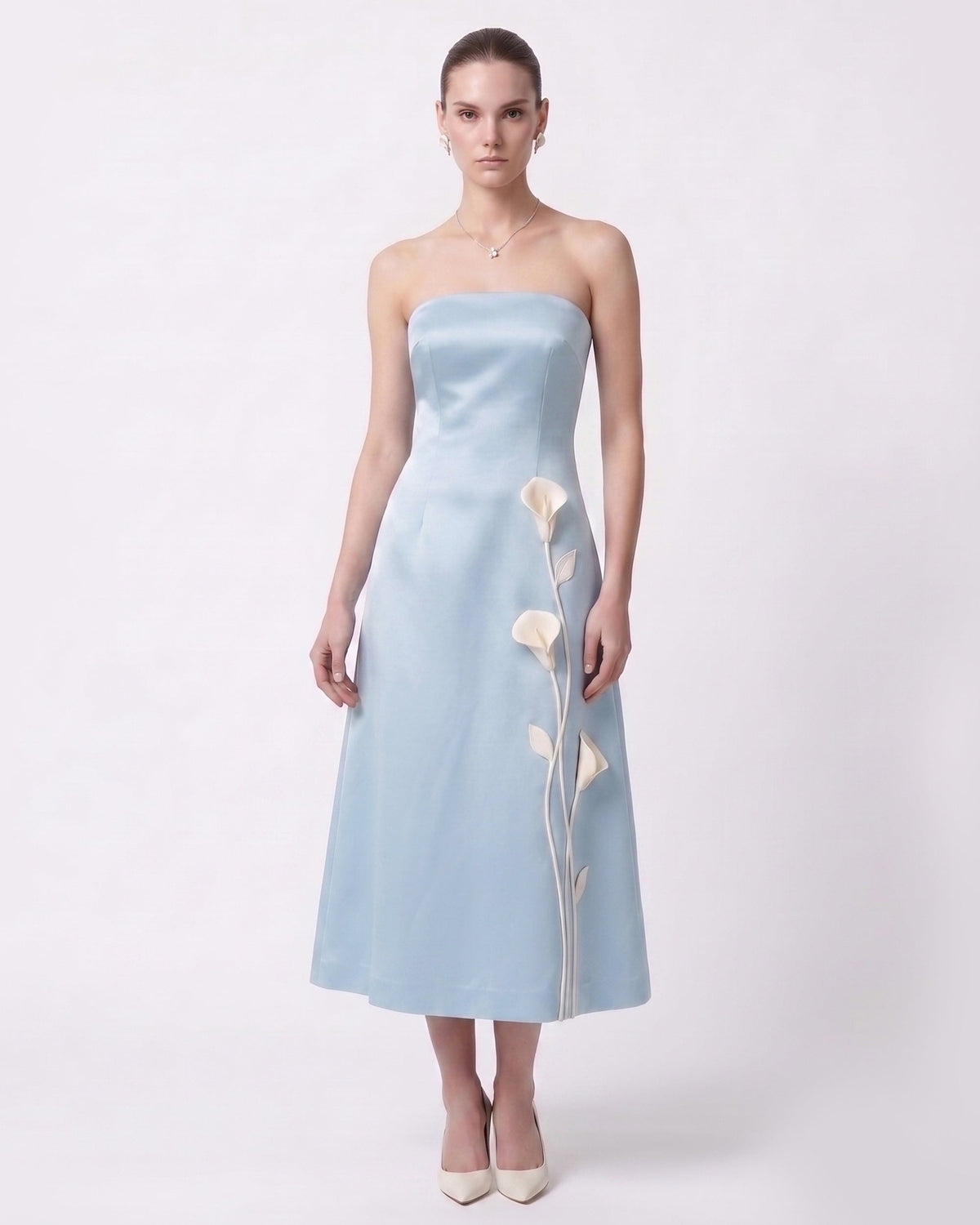 Floral Appliqué Strapless Midi Dress - Light Blue | JW PEI