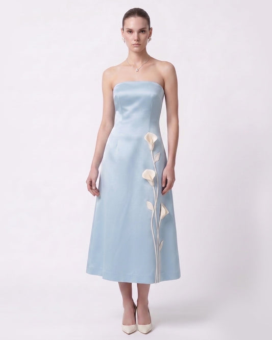 Floral Appliqué Strapless Midi Dress - Light Blue | JW PEI