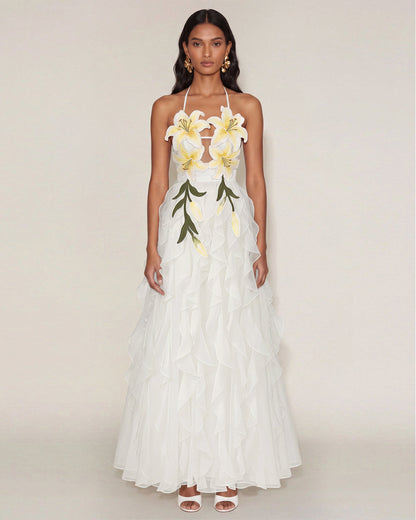Lily-Embroidered Embroidered Halter Tiered Maxi Dress - White | JW PEI