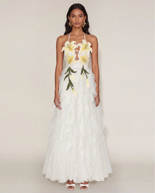 Lily-Embroidered Embroidered Halter Tiered Maxi Dress - White | JW PEI