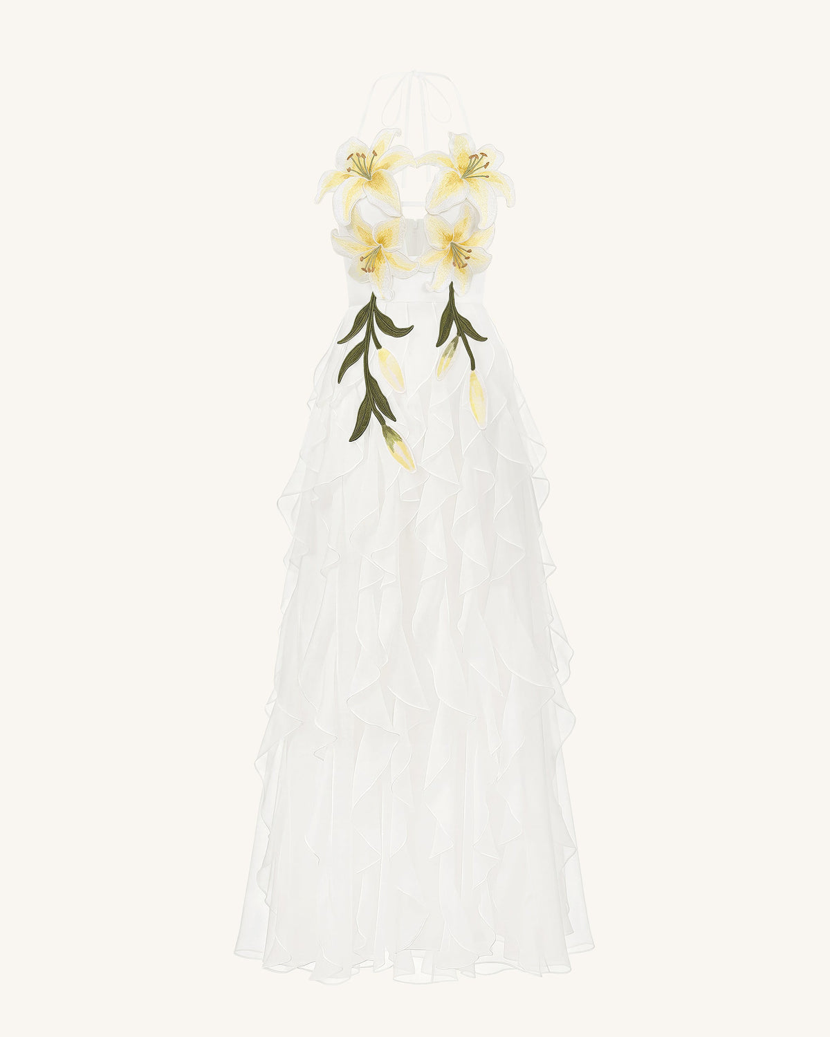 Lily-Embroidered Embroidered Halter Tiered Maxi Dress - White | JW PEI