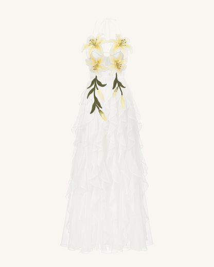 Lily-Embroidered Embroidered Halter Tiered Maxi Dress - White | JW PEI