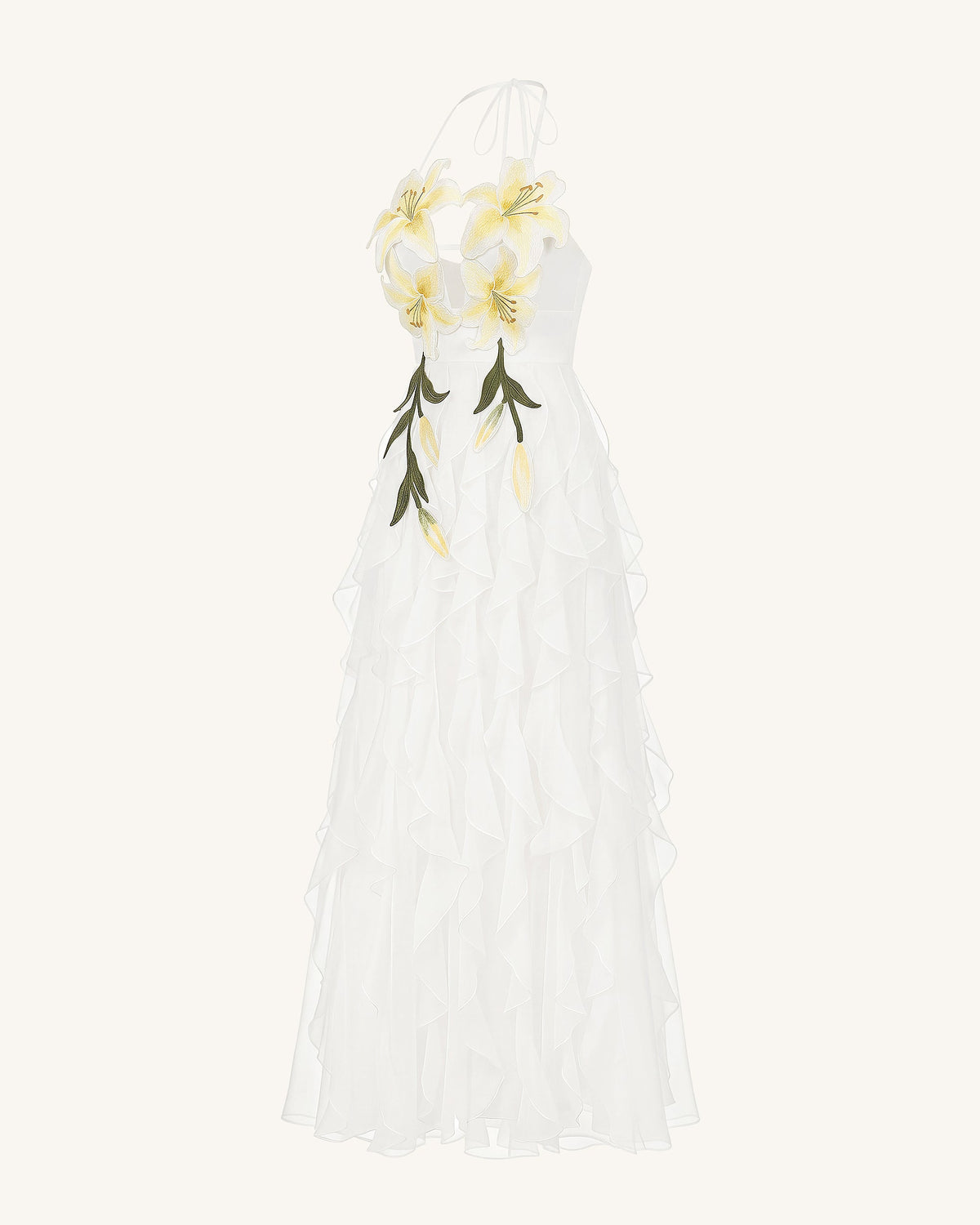 Lily-Embroidered Embroidered Halter Tiered Maxi Dress - White | JW PEI