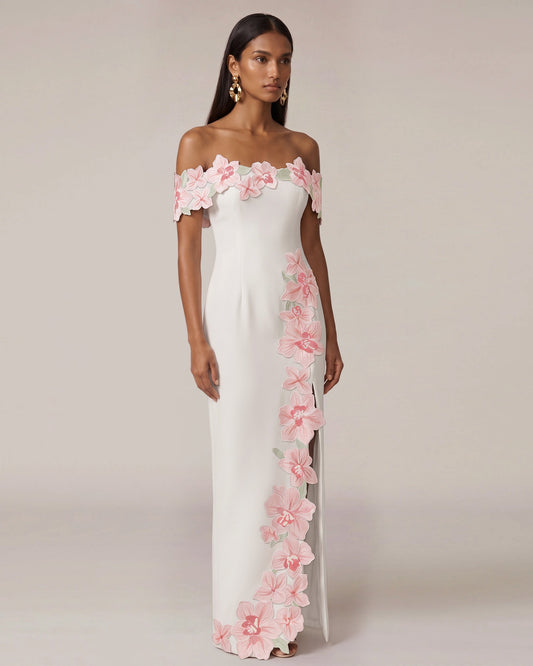 Flower Embroidered Off-Shoulder Maxi Dress - Ivory | JW PEI