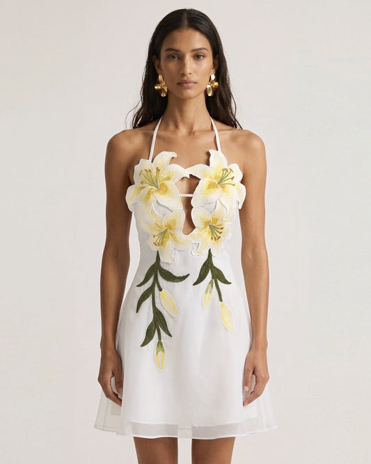 Lily-Embroidered Halter Mini Dress - White | JW PEI
