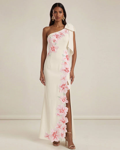 Flower Embroidered One-Shoulder Maxi Dress - Ivory | JW PEI