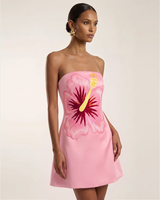 Hibiscus Embroidered Bandeau Mini Dress - Pink | JW PEI