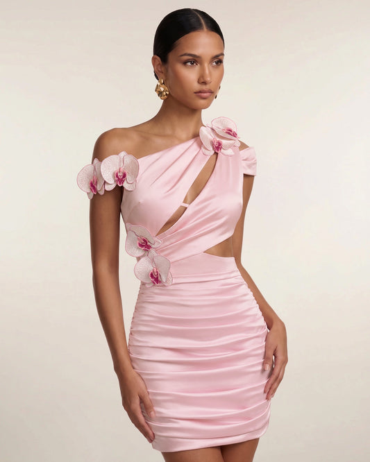 Orchid Embroidered Cutout Ruched Mini Dress - Blush Pink | JW PEI