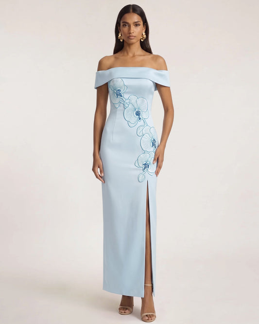 Orchid Embroidered Off-Shoulder Maxi Dress - Blue | JW PEI