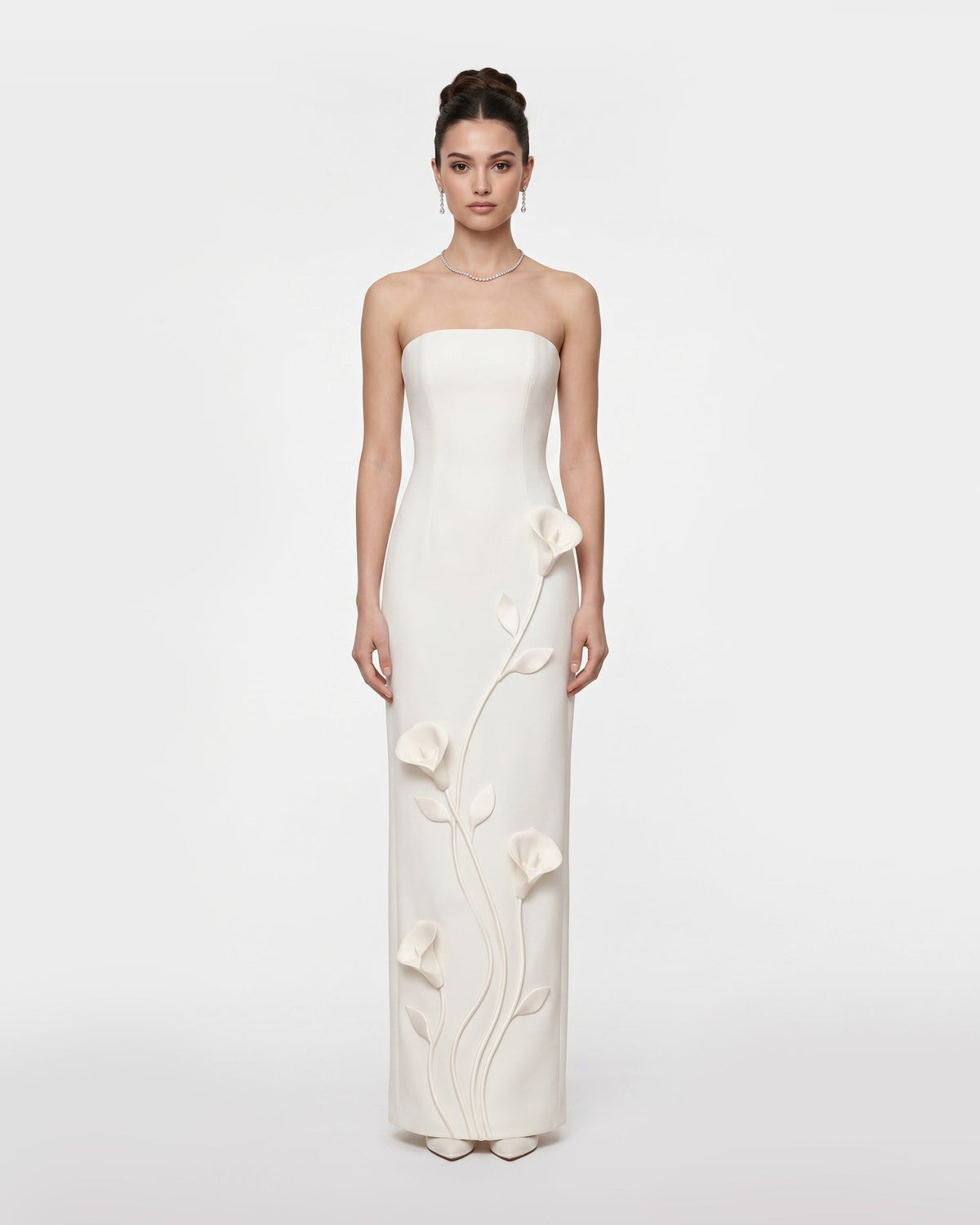 Floral Appliqué Strapless Column Dress - White | JW PEI