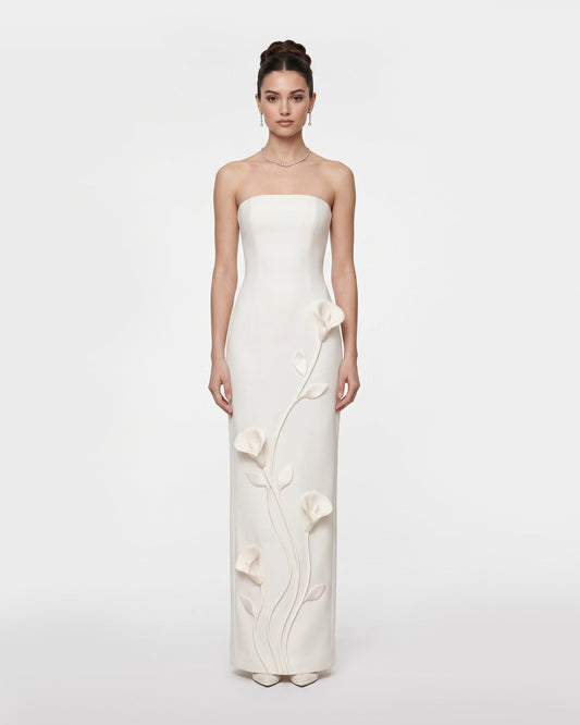 Floral Appliqué Strapless Column Dress - White | JW PEI