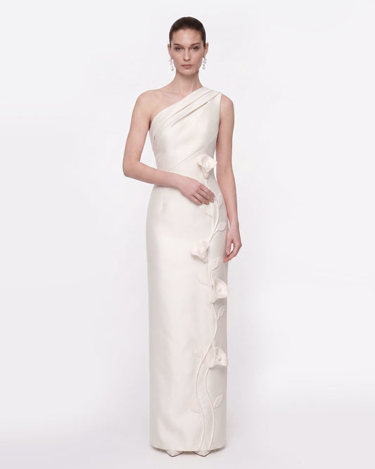 Floral Appliqué One-Shoulder Maxi Dress - White | JW PEI