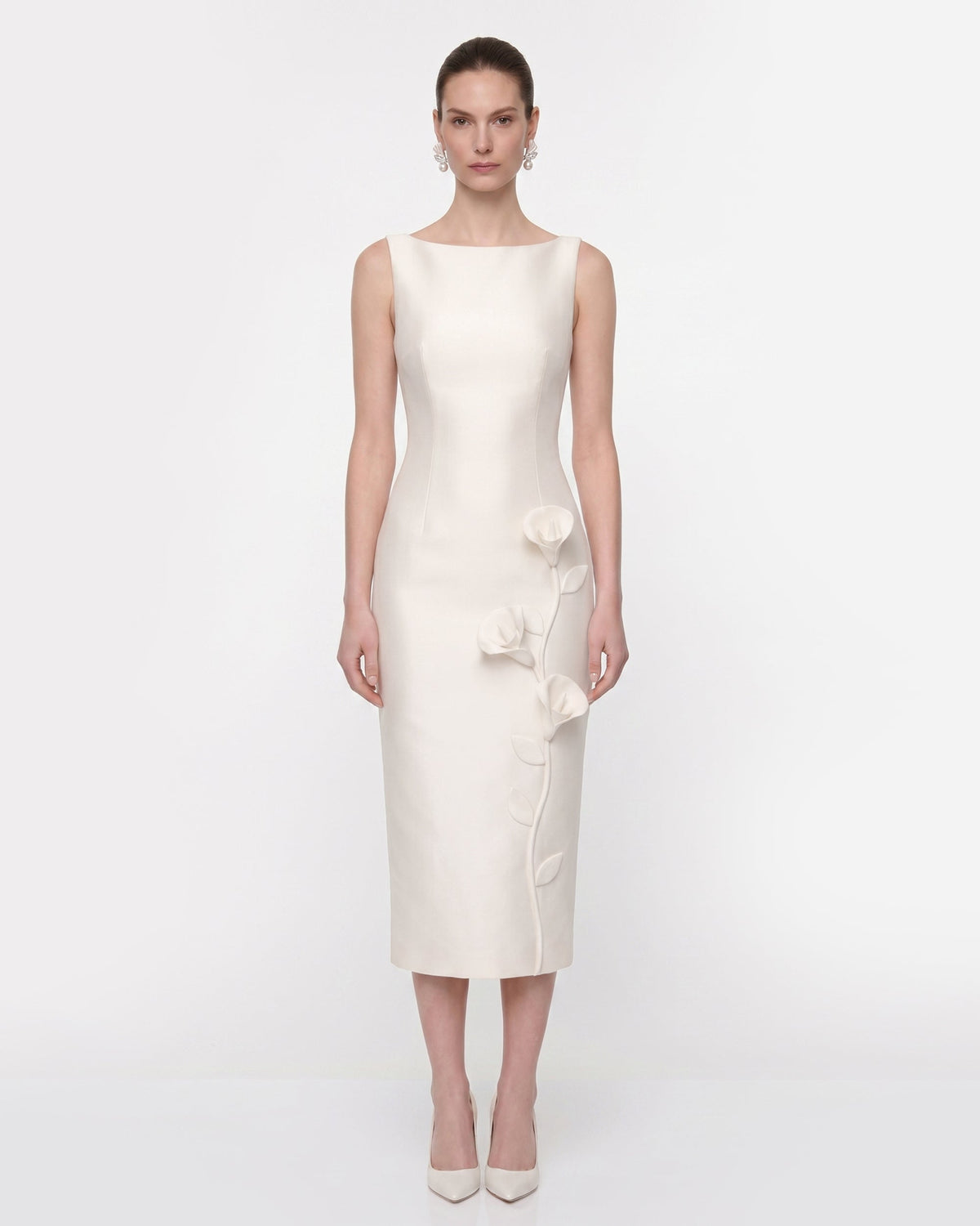 Floral Appliqué Sleeveless Midi Dress - White | JW PEI