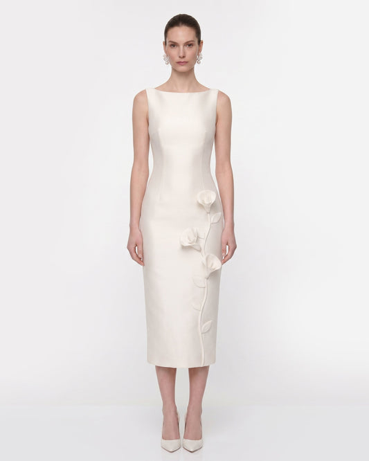 Floral Appliqué Sleeveless Midi Dress - White | JW PEI