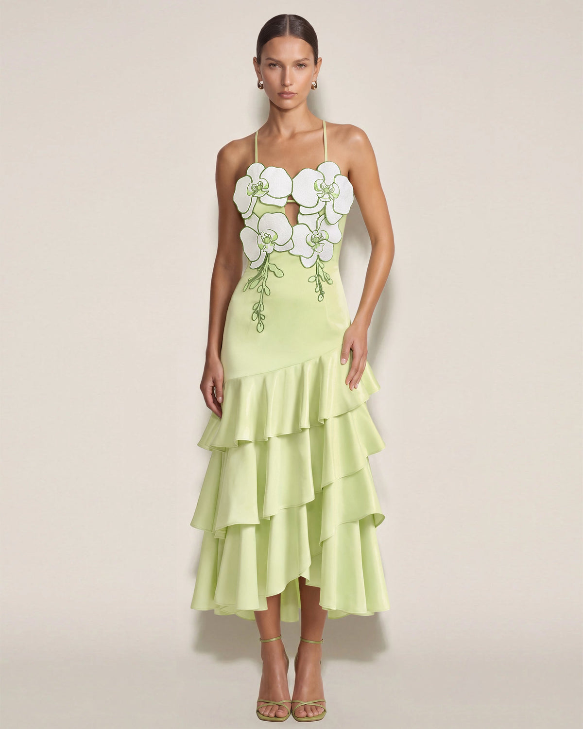 Orchid Embellished Ruffle Midi Dress - Light Green | JW PEI