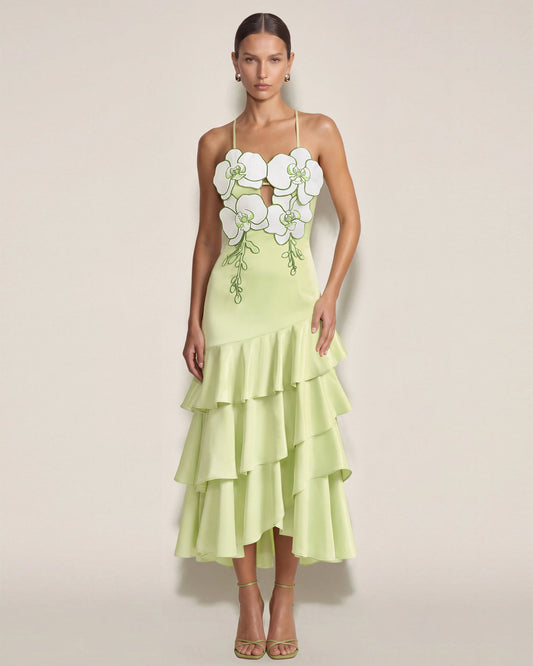 Orchid Embellished Ruffle Midi Dress - Light Green | JW PEI