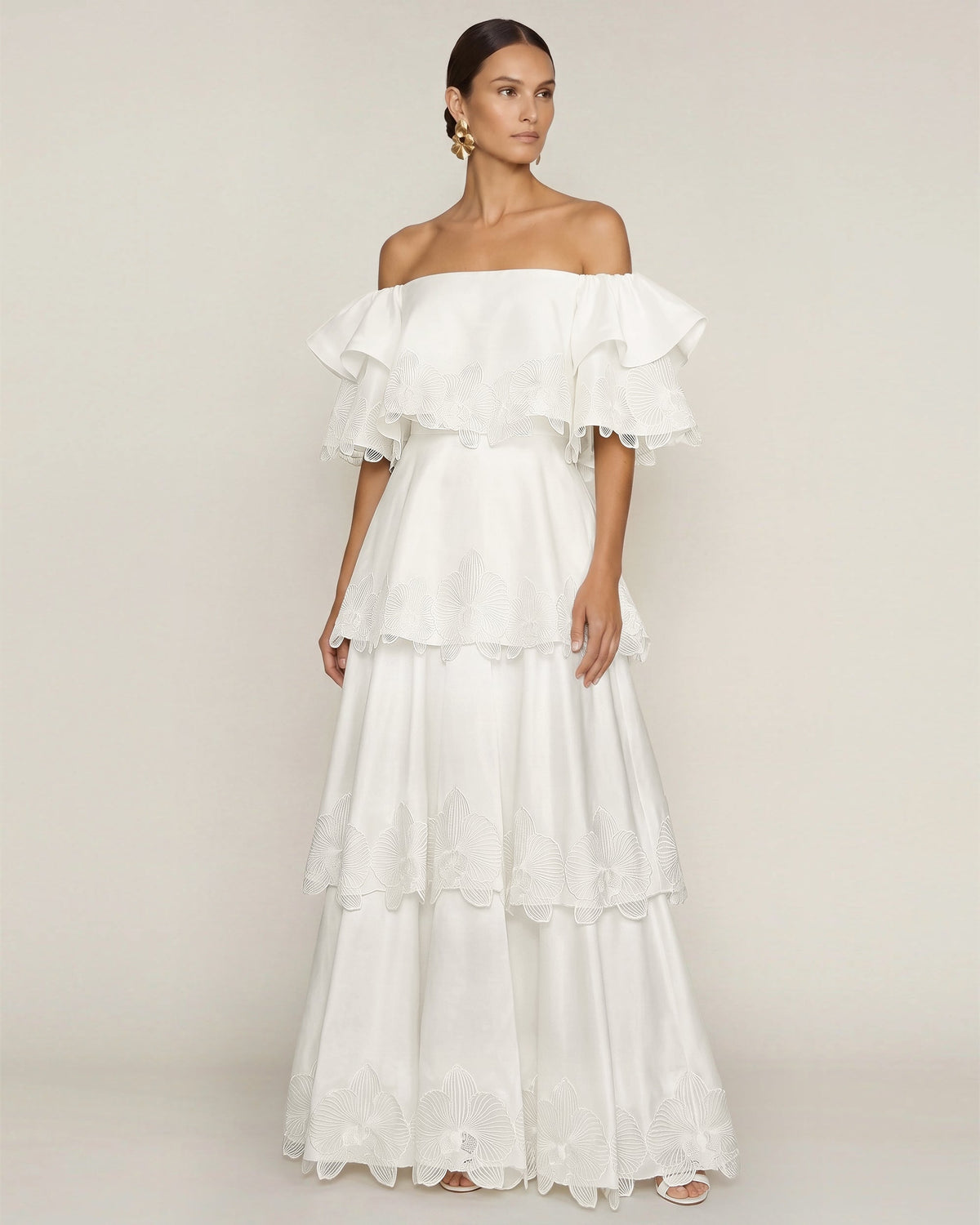 Orchid Embroidered Tiered Off-Shoulder Maxi Dress - White | JW PEI