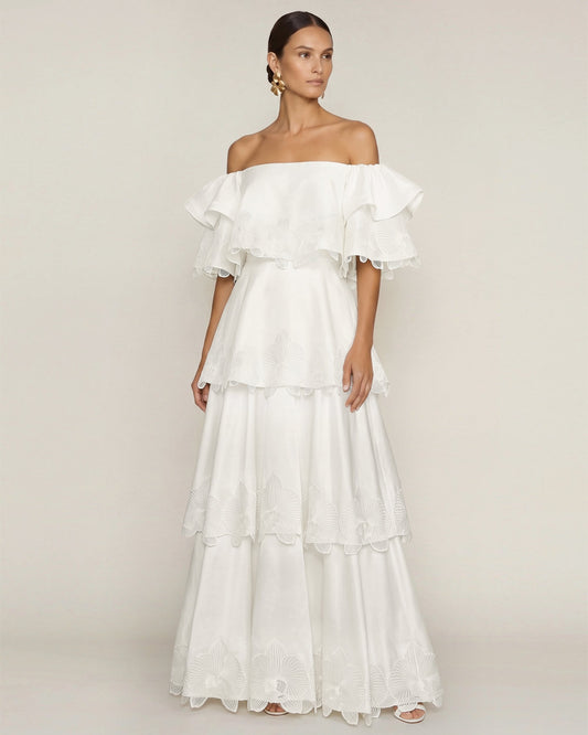 Orchid Embroidered Tiered Off-Shoulder Maxi Dress - White | JW PEI
