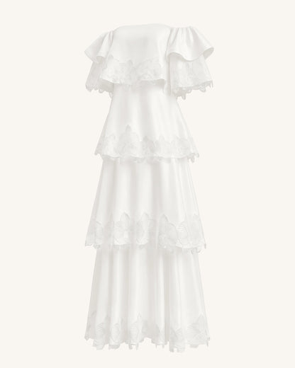 Orchid Embroidered Tiered Off-Shoulder Maxi Dress - White | JW PEI