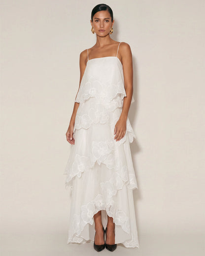 Orchid Embroidered Layered Maxi Dress - White | JW PEI