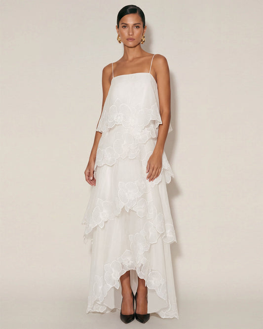 Orchid Embroidered Layered Maxi Dress - White | JW PEI