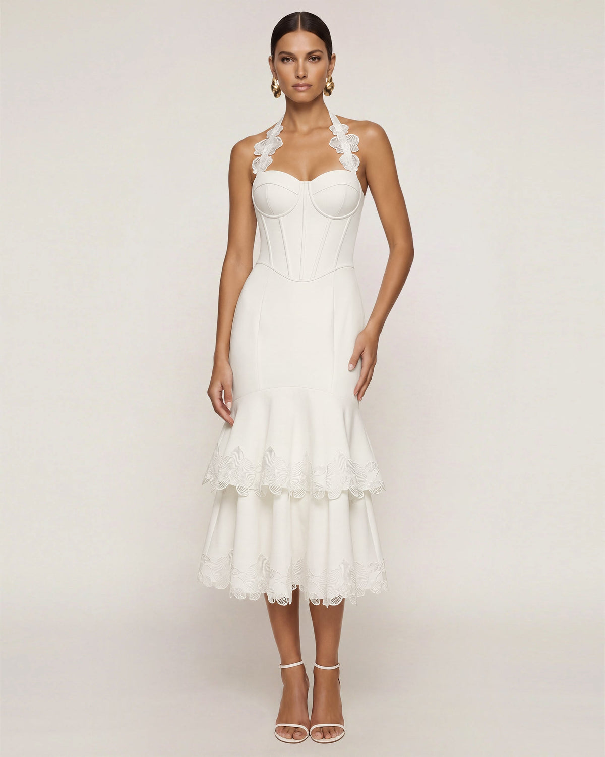 Orchid Embroidered Halter Corset Midi Dress - White | JW PEI