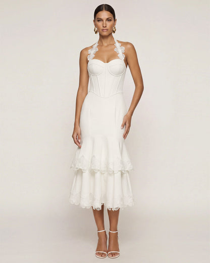Orchid Embroidered Halter Corset Midi Dress - White | JW PEI