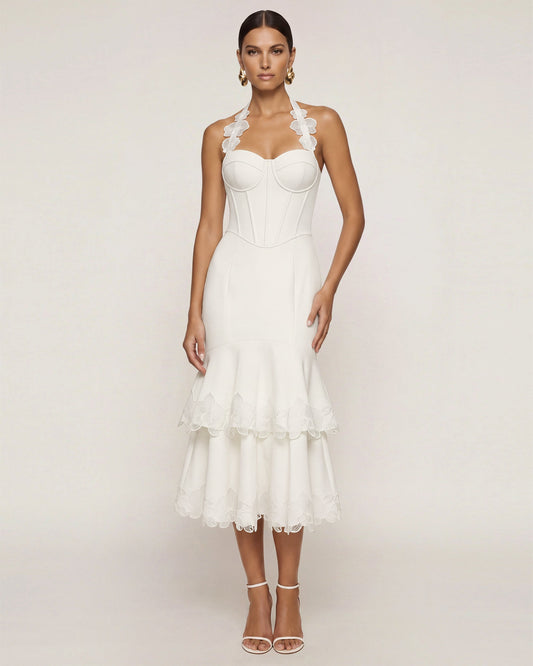 Orchid Embroidered Halter Corset Midi Dress - White | JW PEI