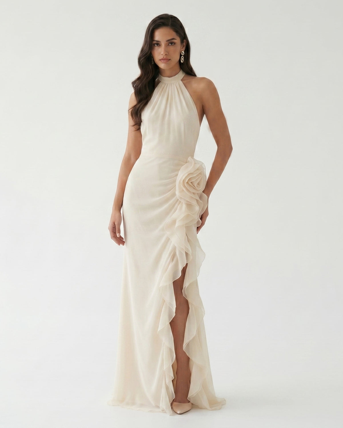Halter Ruffle Rosette Slit Maxi Dress - Ivory | JW PEI