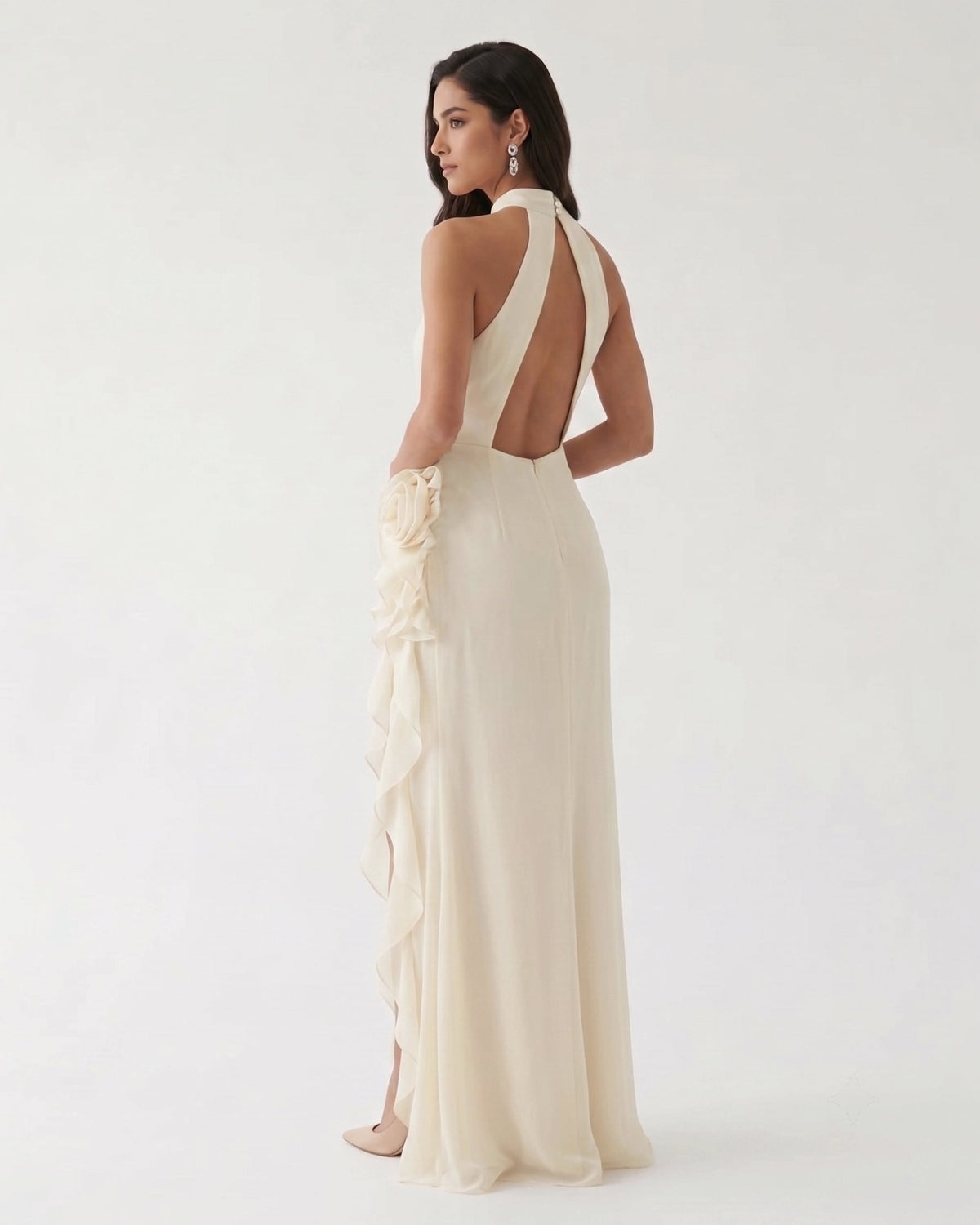 Halter Ruffle Rosette Slit Maxi Dress - Ivory | JW PEI