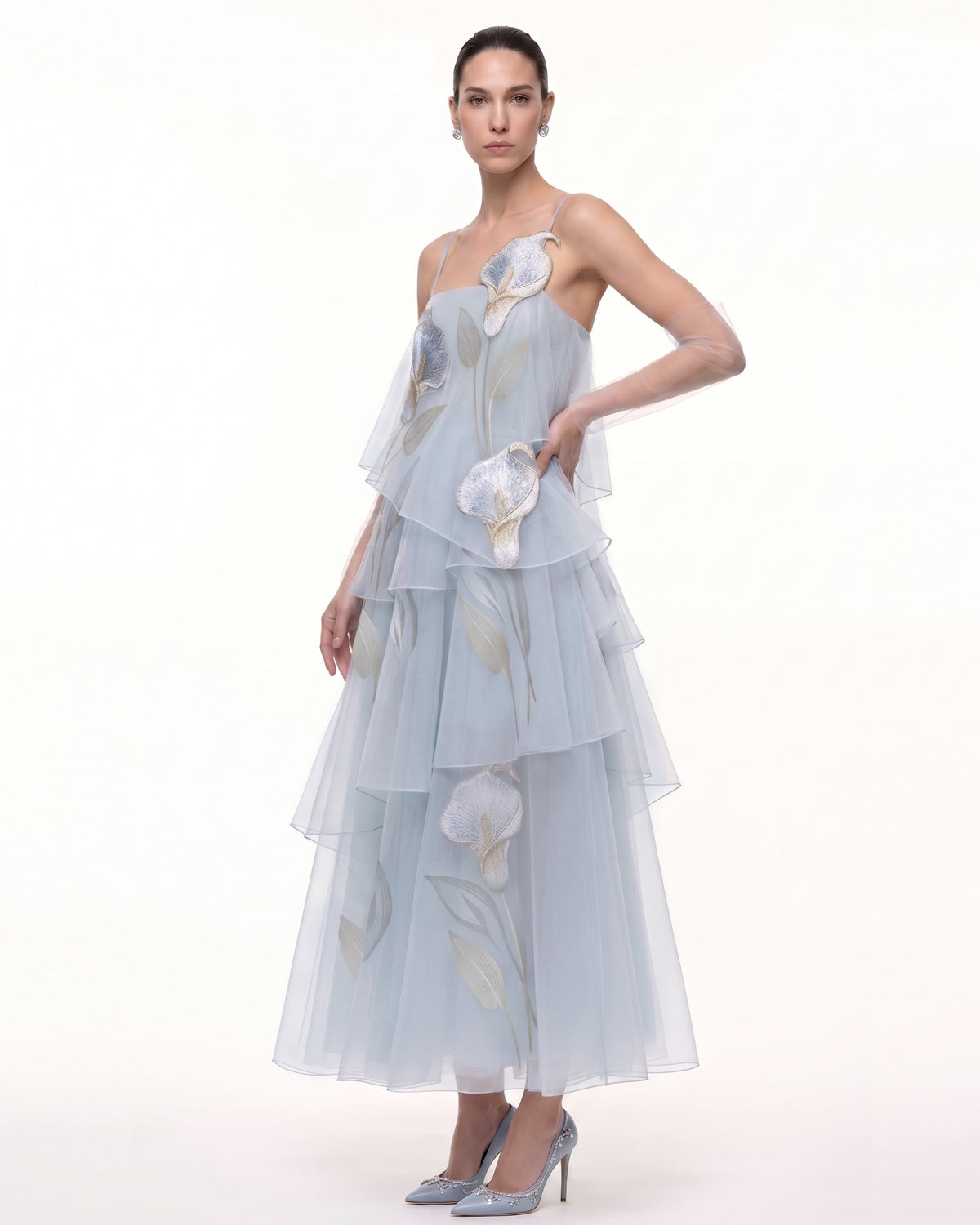 3D Embroidered Calla Lily Tiered Tulle Dress - Light Blue | JW PEI