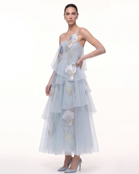 3D Embroidered Calla Lily Tiered Tulle Dress - Light Blue | JW PEI