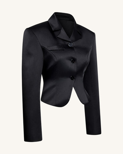 Satin Sculpted Waist Cropped Blazer - Black | JW PEI