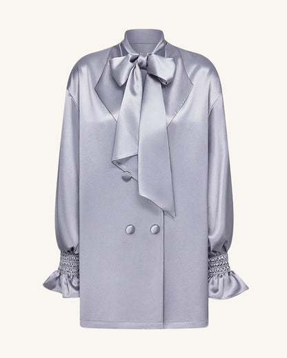 Ribbon Tie Balloon Sleeve Longline Blazer - Silver | JW PEI