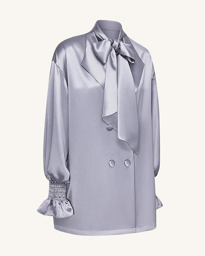 Ribbon Tie Balloon Sleeve Longline Blazer - Silver | JW PEI