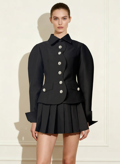 Scalloped Placket Leg of Mutton Blazer - Black | JW PEI