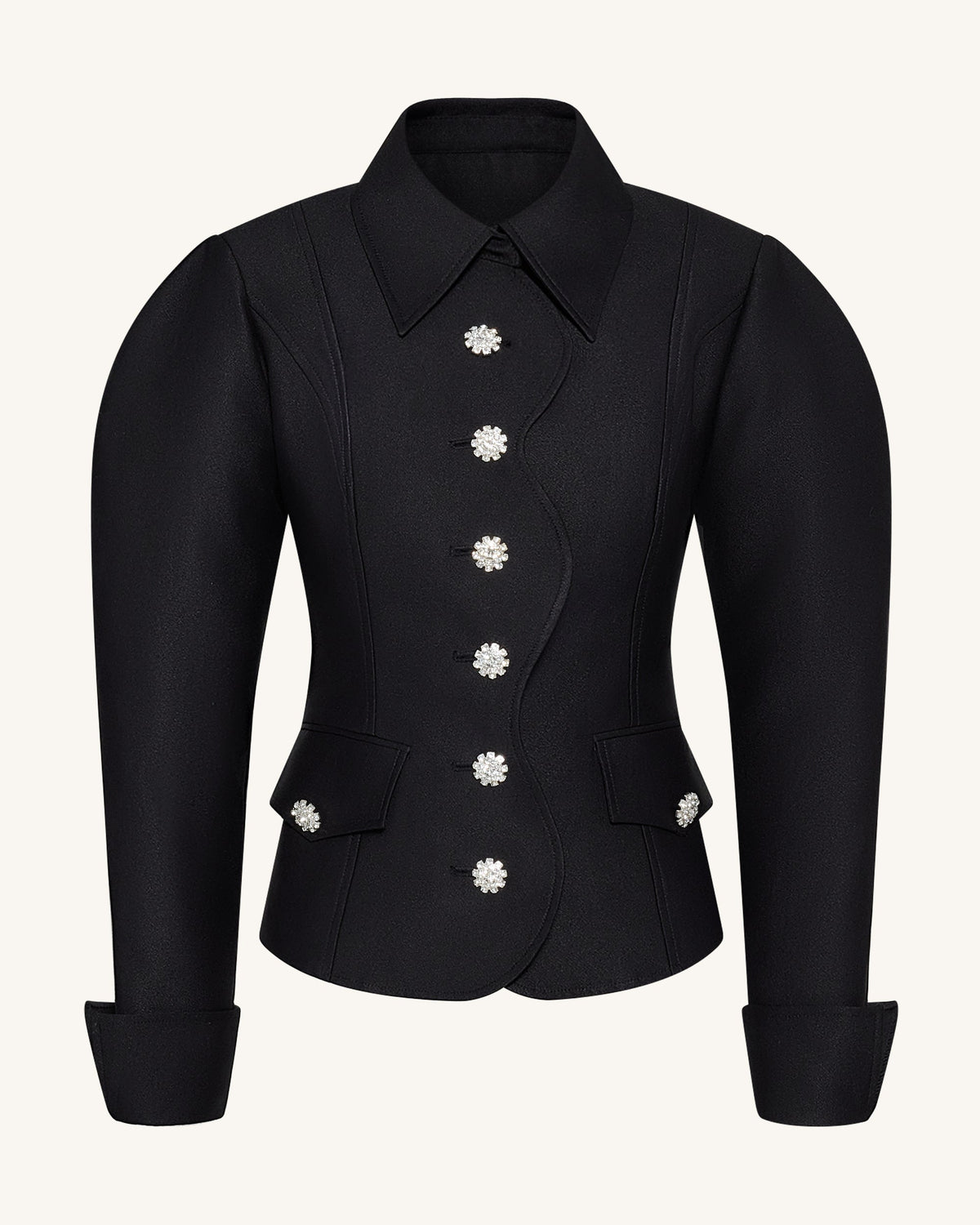 Scalloped Placket Leg of Mutton Blazer - Black | JW PEI