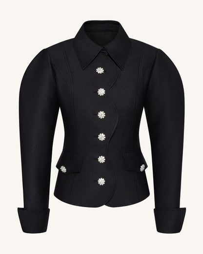 Scalloped Placket Leg of Mutton Blazer - Black | JW PEI