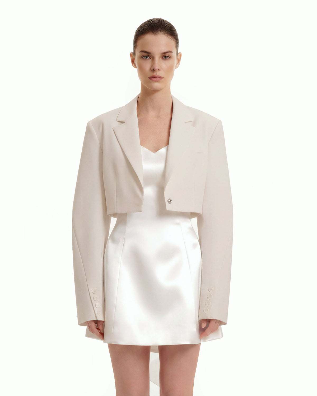 Structured Power-Shoulder Cropped Blazer - Beige | JW PEI