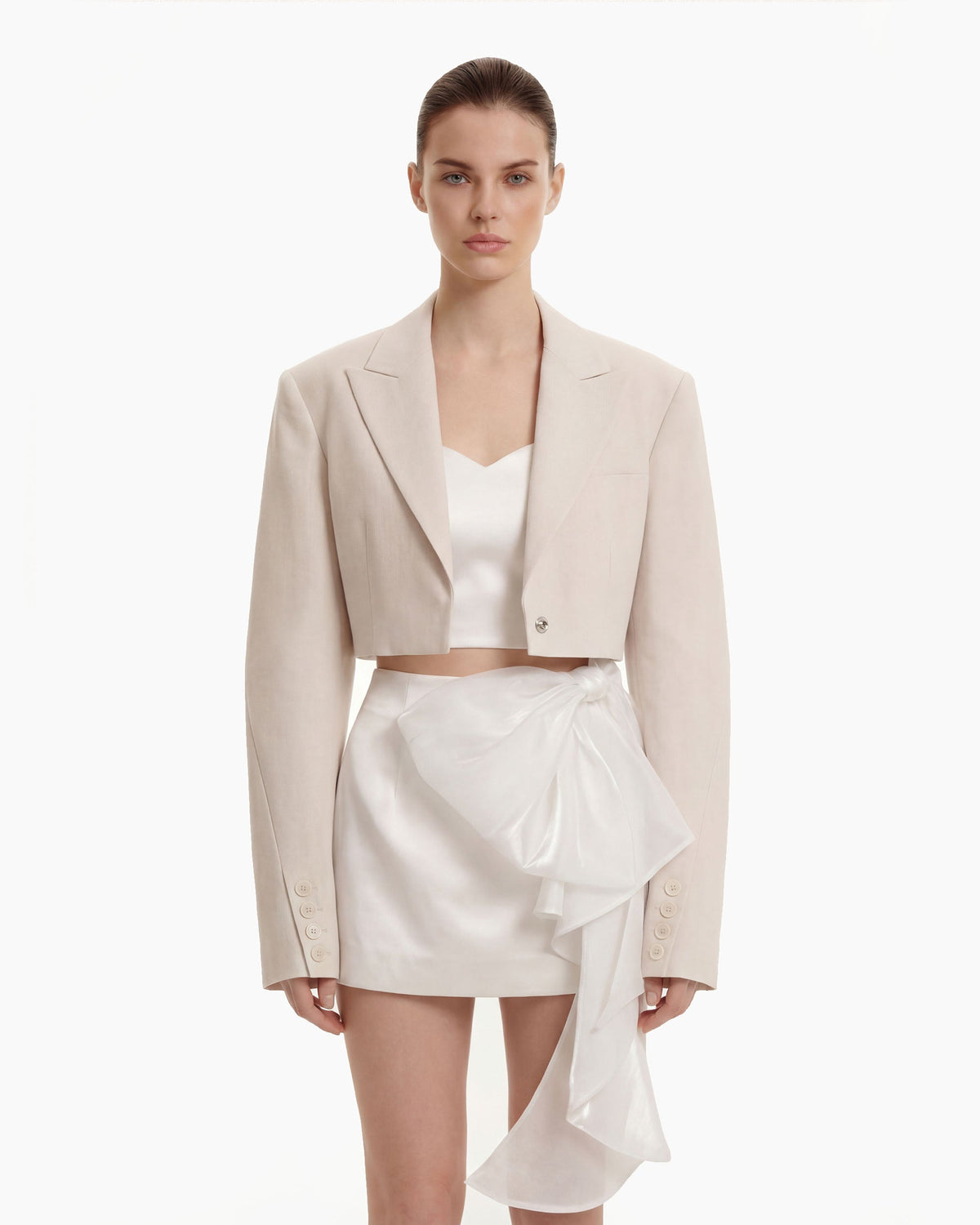 Structured Power-Shoulder Cropped Blazer - Beige | JW PEI