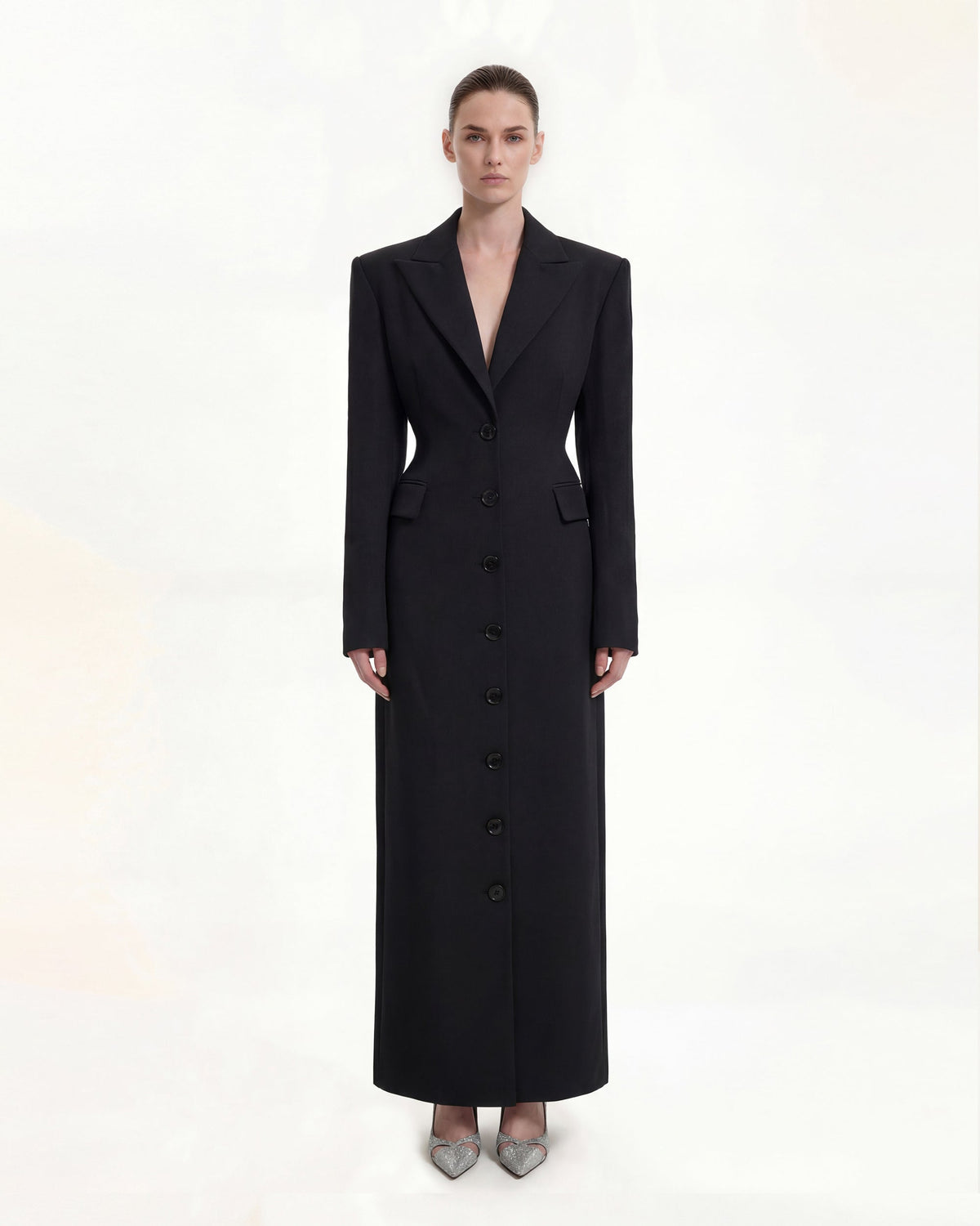Structured Shoulder Fitted Lapel Maxi Coat - Black | JW PEI