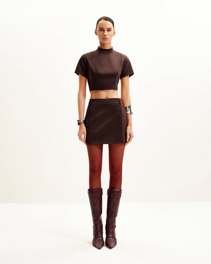 Grace Faux Suede Crop Top and Mini Skirt Set - Chocolate Brown | JW PEI
