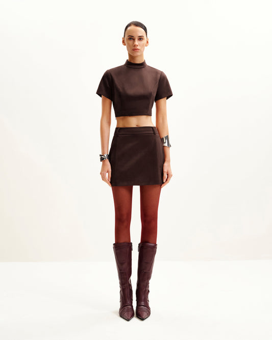 Grace Faux Suede Crop Top and Mini Skirt Set - Chocolate Brown | JW PEI