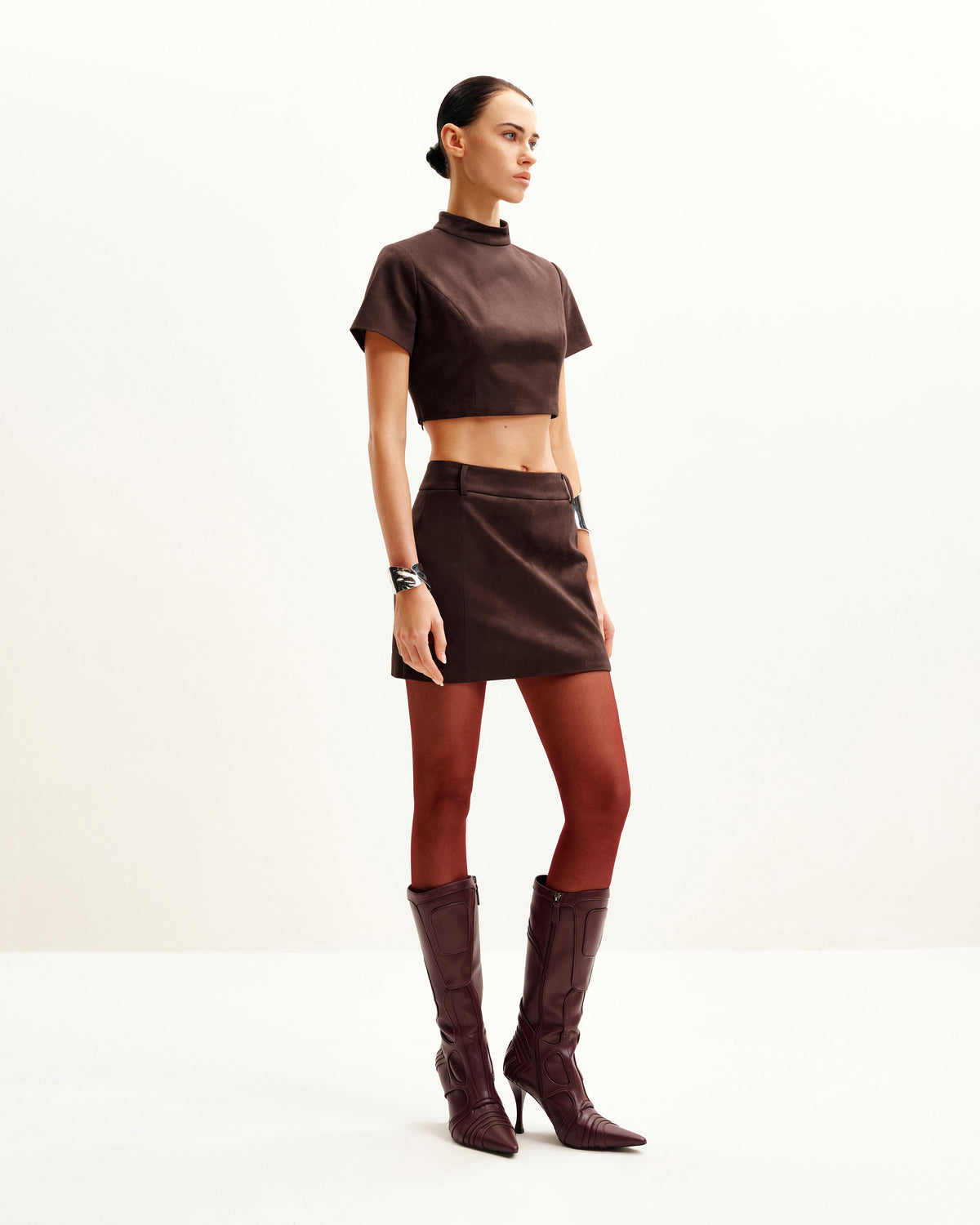 Grace Faux Suede Crop Top and Mini Skirt Set - Chocolate Brown | JW PEI