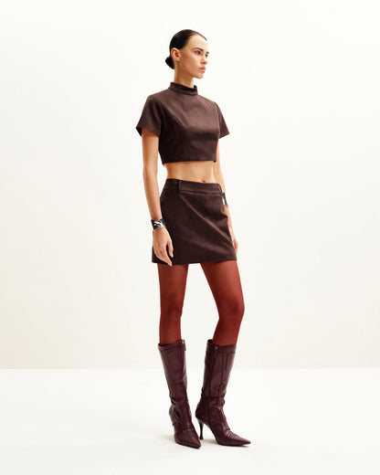 Grace Faux Suede Crop Top and Mini Skirt Set - Chocolate Brown | JW PEI